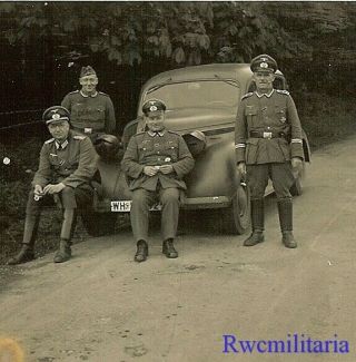 Great Group Wehrmacht Soldiers Posed W/ Opel Staff Car On Road