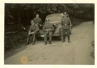 GREAT Group Wehrmacht Soldiers Posed w/ Opel Staff Car on Road 2
