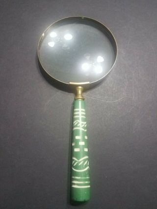 Vintage Large Brass Magnifying Glass With Ornate Green Handle 5 In Magnifier