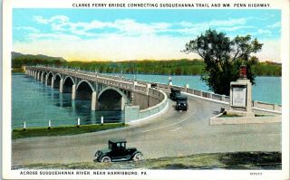 Postcard Pa Clarks Ferry Bridge Across Susquehanna River Harrisburg Pa Old Cars