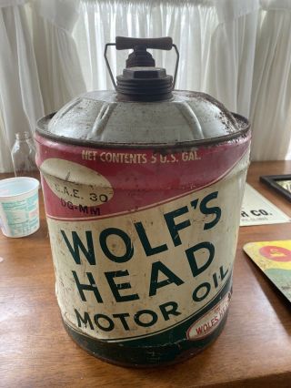 Vintage Wolfs Head Motor Oil Can Metal 5 Gallon