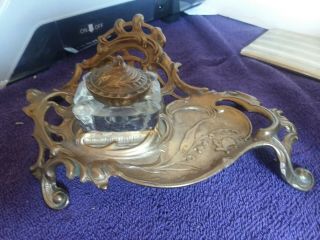 Vintage Ornate Art Nouveau Brass And Glass Inkwell Set