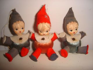 3 Vintage Christmas Pixie Elf Ornaments With Feather Hair