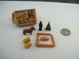 Vintage Putz Farm Animals & Mini Wood Figures Matchbox Box W.  Germany