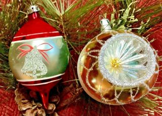 2 Vtg Poland Glass Xmas Ornaments: Silver Glitter Bells/deep Indent/teardrop