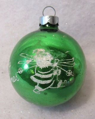 Vintage Christmas Tree Ornament Glass Santa Skiing Stencil Green