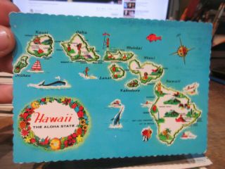 Vintage Old Hawaii Postcard Cartoon State Map Islands Niihau Kauai Oahu Molokai