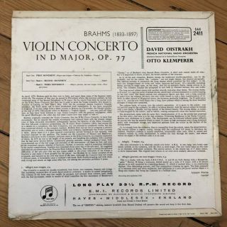 SAX 2411 Brahms Violin Concerto / David Oistrakh / Klemperer FNRO B/S 2