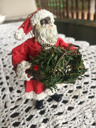 African American Black Santa Holding A Christmas Wreath Ornament Figurine