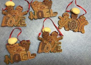 5 Gingerbread People Ornaments Resin Cute 4.  5 " Wide Joy,  Love,  Noel