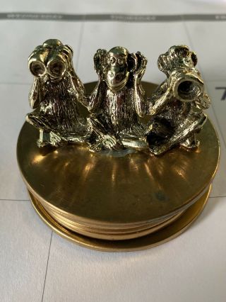 Vintage Brass Magnify Glass Paperweight 3 Wise Monkeys See Hear Speak No Evil