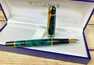 Waterman Paris Fountain Pen Box Green Black Gold W Cartridge & Pamphlet