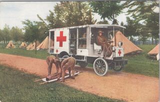 Postcard Wwi Field Hospital Ambulance Us Army Red Cross Old Truck Injured F4