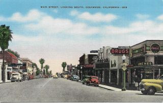 Linen Postcard,  Old Cars On Main Street Looking South,  Oceanside,  California