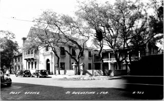 Rppc Real Photo Postcard St.  Augustine,  Florida Fl Post Office Old Cars Street