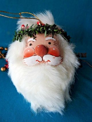 Lovely Hand Painted Santa Ornament Head W/faux Fur Hair Beard Wreath Soft