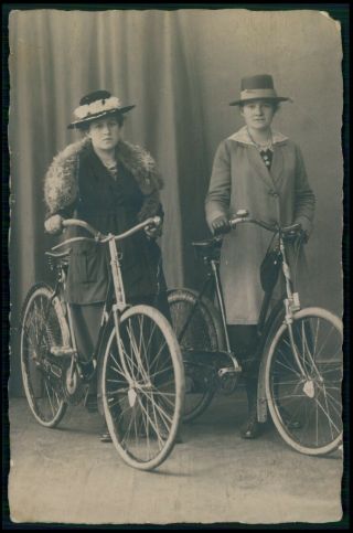 F Woman And Her Bicycle Cycling Bike Sports Old 1910s Photo Postcard