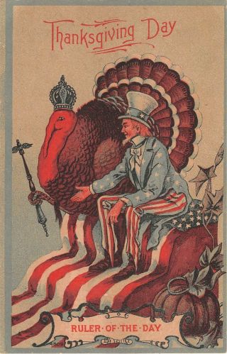 Patriotic Old Thanksgiving Pc - Uncle Sam On American Flag By Turkey Wearing Crown