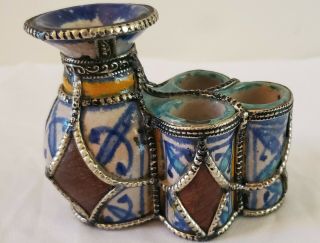Vintage Moroccan Ceramic Inkwell And Pen Holder