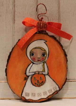 Hand Painted Primitive Folk Art Halloween Spooky Ghost Girl Wood Slice Ornament