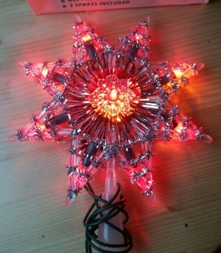 Vintage Wynne Lighted Tree Top Star Red Bulbs & Silver Tinsel