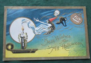 Vintage Embossed Halloween Postcard Witch & Cat