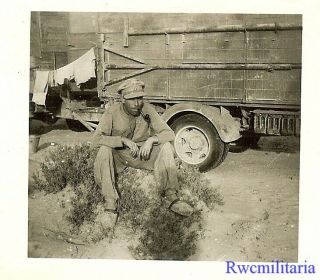 Tough Looking Luftwaffe Afrika Korps Soldier Resting By Lkw Truck In Desert