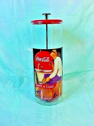 Vintage Coca Cola Glass Straw Dispenser Retro Style 10 " Tall X 3 1/2 " Round