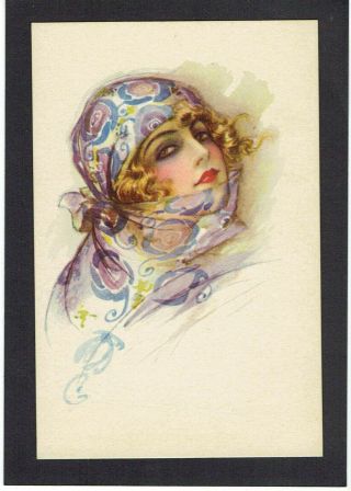 Busi Artist Drawn Old Postcard Glamour Woman In Pretty Headscarf Degami