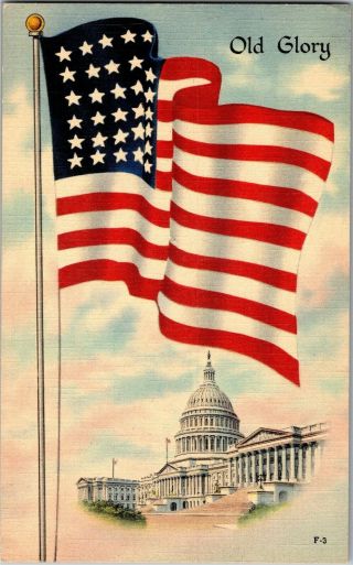U.  S.  Flag Over Capitol Building,  Old Glory Washington Dc Vintage Postcard X30