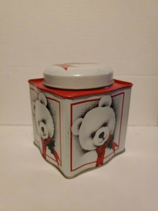 Metal Tin Can Container Christmas Gift Box And Lid Teddy Bear In Red Bow