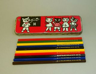 10 Vintage Russian Color Pencils And Tin Box With Cats,  Soviet Pencils,  1960 