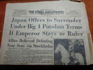 Wwii Stars And Stripes Newspaper Saturday August 11,  1945 Japan Surrender