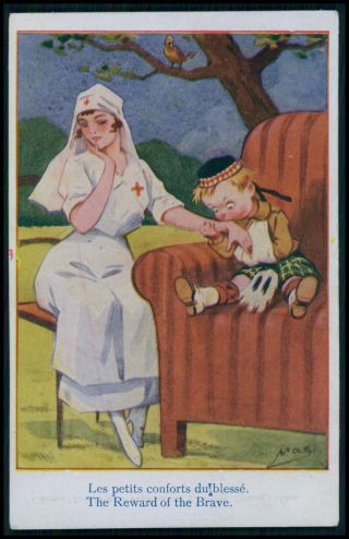Art Mac Soldier Kiss Red Cross Nurse Fantasy Propaganda Wwi Ww1 War Old Postcard