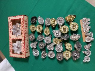 Vintage Set Of 38 Tin Metal Christmas Tree Candle Holders,  Pine Cone Clips Etc.