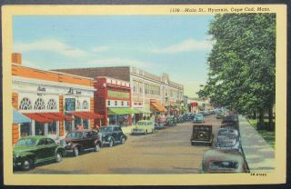 Main Street View Old Cars Hyannis Cape Cod Mass Vintage Curteich Linen Postcard