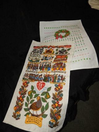 2 Vintage Linen Christmas Tea Towels 12 Days Of Xmas & Forest Animals & Wreath