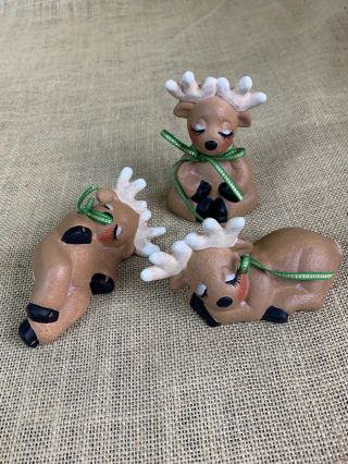 Set Of 3 Vintage Bone China Matte Finish Christmas Deer Figurines Reindeer