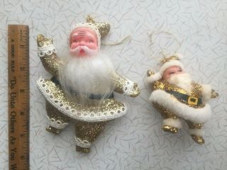 (2) Vintage Gold Glitter Dancing Santa 