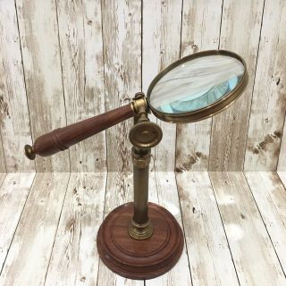 Vintage Brass & Wood Magnifying Glass W/ Adjustable Stand
