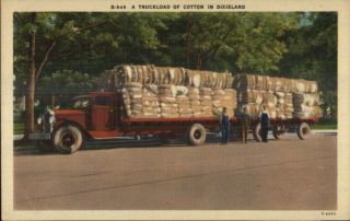 Old Red Tractor Trailer Truck Cotton In Dixieland Linen Postcard