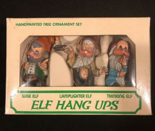 Set Of 3 Elf Hang Ups Ornaments Wise Lamplighter Thinking Elves Vinatge Boxed