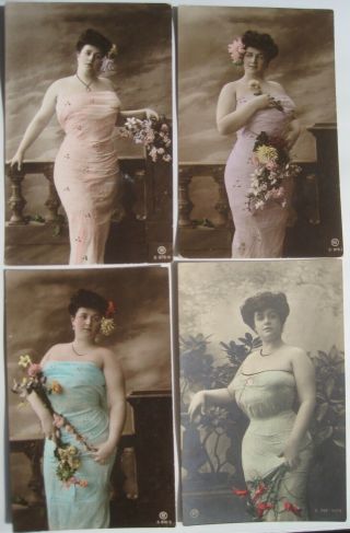4 Views Full Figure Woman Old 1910s Color Rppc Studio Postcards; Made In Germany