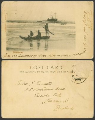 India Old Ub Postcard Madras Catamaran,  Native Men Boat Canoe Steamer Steam Ship
