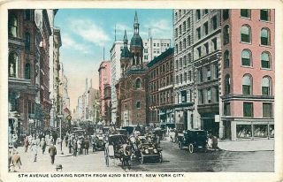 York City - Busy 5th Avenue Looking North From 42nd Street Old Postcard View