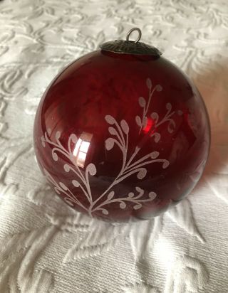 Vintage Ruby Red Kugel Midwest Ornament Ball 4.  5 " Diameter Etched