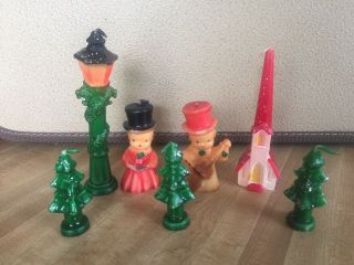 (6) Vintage Christmas Wax Candle Novelty Figures Carolers Trees Lamp Post Church