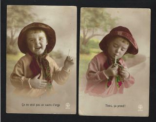 2 X Edwardian Boy Smoking Pipe.  Set Of 2 Old Real Photo Postcards France 1910s