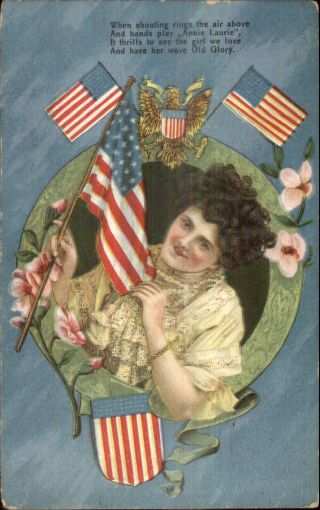 Patriotic Woman American Flags Old Glory Poem C1910 Postcard