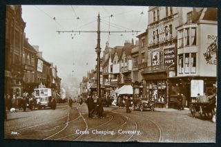 Vintage Cross Cheaping Coventry Rp Postcard Tram Lines Old Bus Car Shopfront Etc